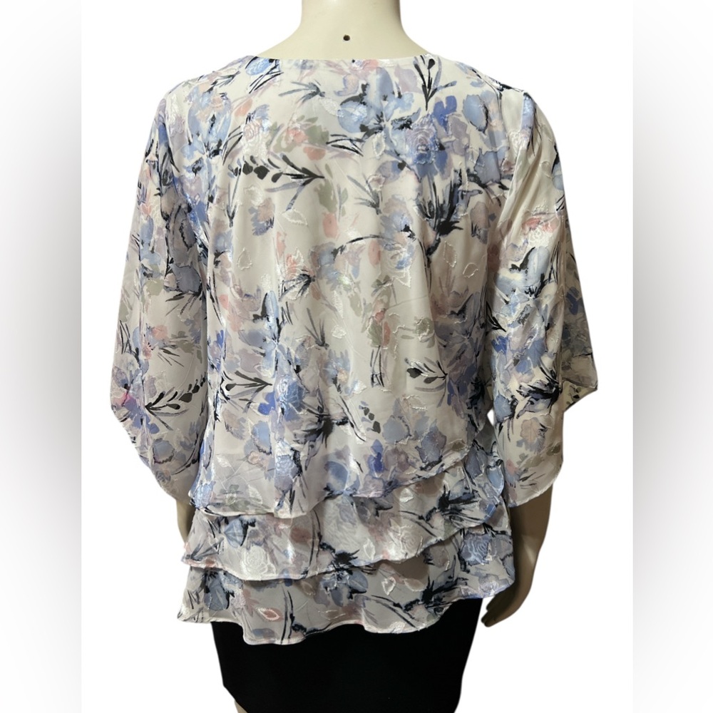 NWT Alex Evenings Size 1X 3/4 Sleeve Printed Chiffon Burnout Blouse Asymmetric - Picture 3 of 7
